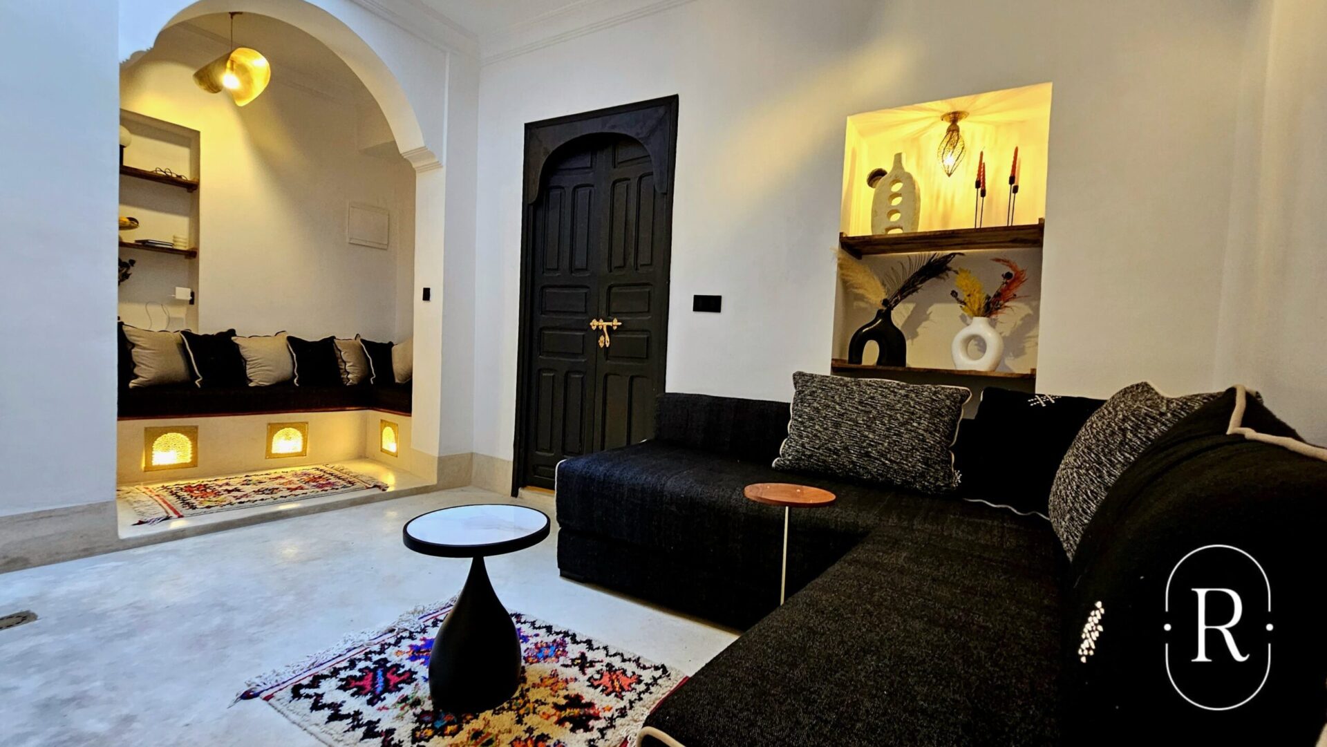 Berber carpet decorates the living room of a Riad in Marrakech